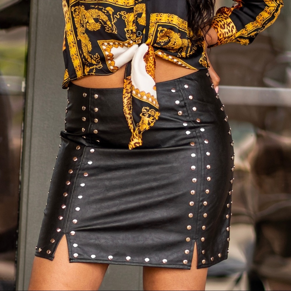 Embellished Faux Leather Skirt